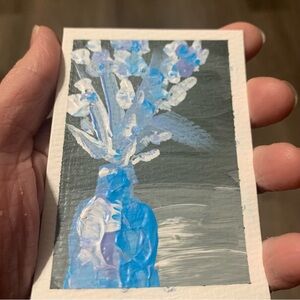 ACEO Original Miniature Painting Abstract Blue and Gray Floral Collectible Art